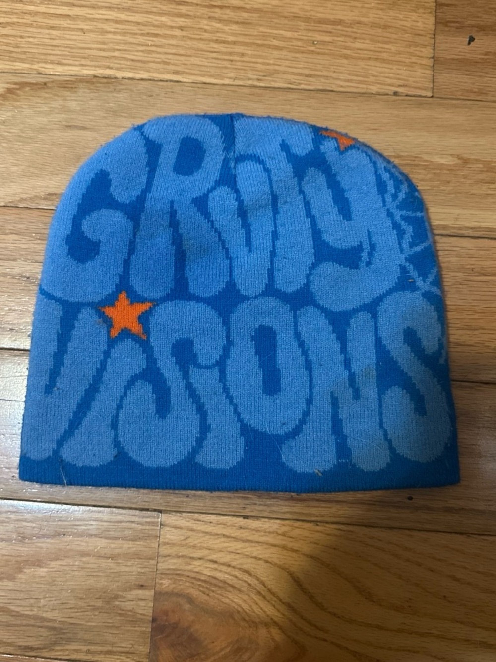Blue 'GRVTY VISIONS' Pattern Kids Beanie with Orange Star